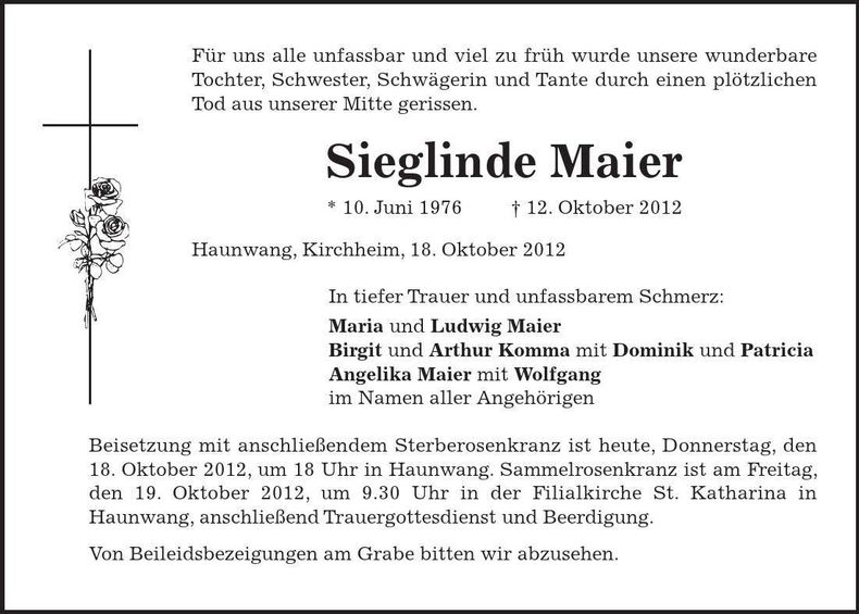 Traueranzeige Sieglinde Maier