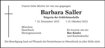 Traueranzeige Barbara Saller