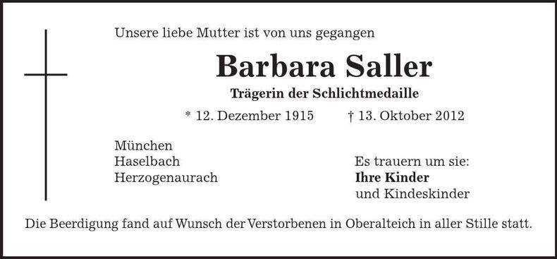 Traueranzeige Barbara Saller