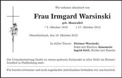 Traueranzeige Irmgard Warsinski