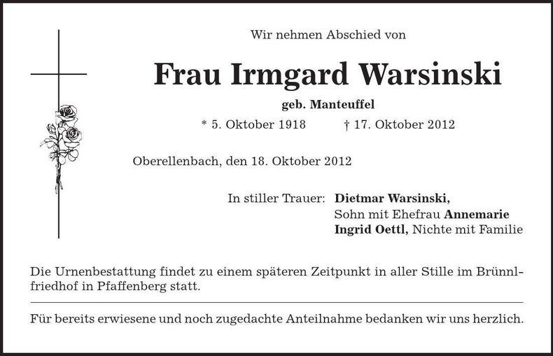 Traueranzeige Irmgard Warsinski