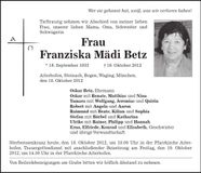 Traueranzeige Franziska Betz
