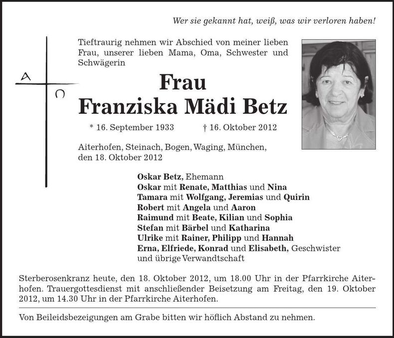Traueranzeige Franziska Betz