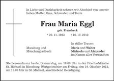 Traueranzeige Maria Eggl
