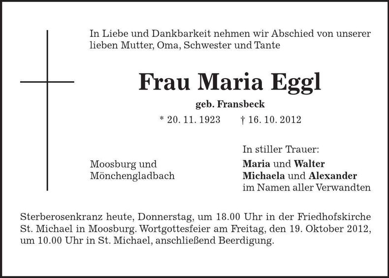 Traueranzeige Maria Eggl