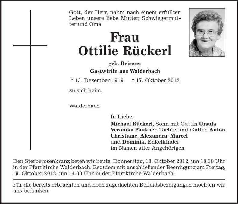 Traueranzeige Ottilie Rückerl