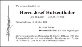 Traueranzeige Josef Hutzenthaler
