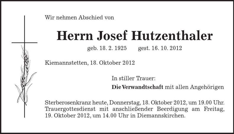 Traueranzeige Josef Hutzenthaler