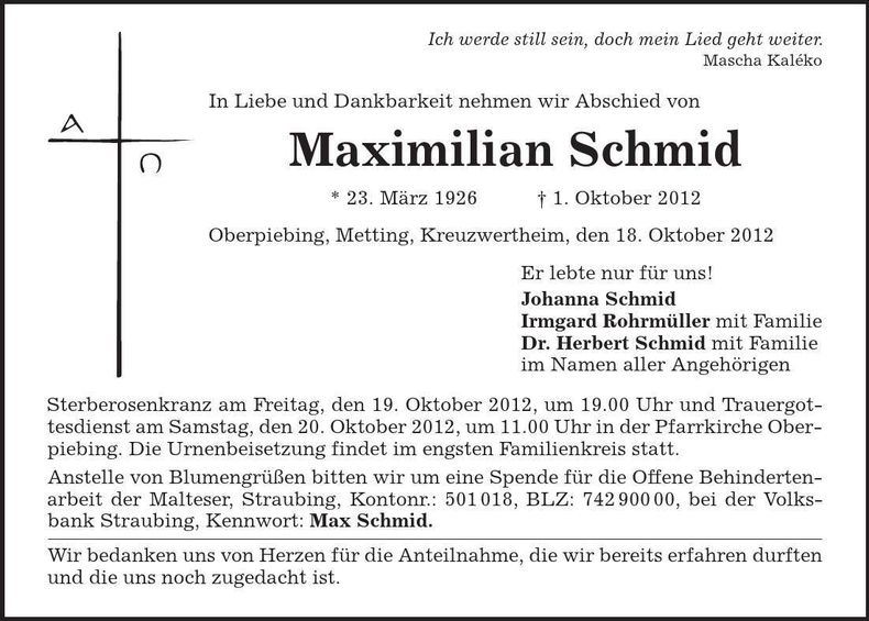 Traueranzeige Maximilian Schmid