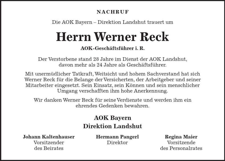 Traueranzeige Werner Reck