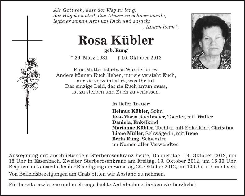 Traueranzeige Rosa Kübler