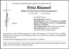 Traueranzeige Fritz Bäumel