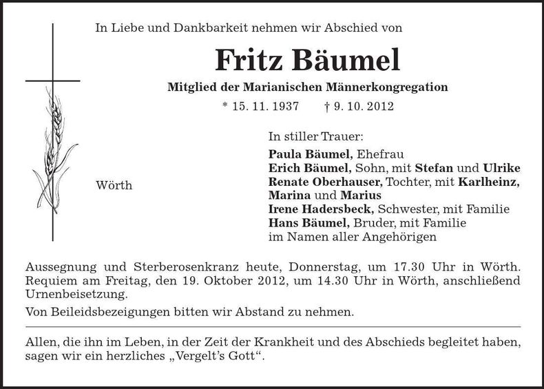Traueranzeige Fritz Bäumel