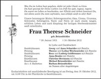 Traueranzeige Therese Schneider