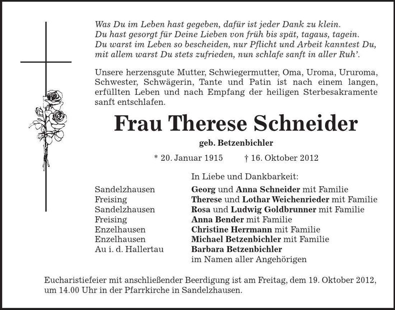 Traueranzeige Therese Schneider