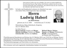 Traueranzeige Ludwig Haberl
