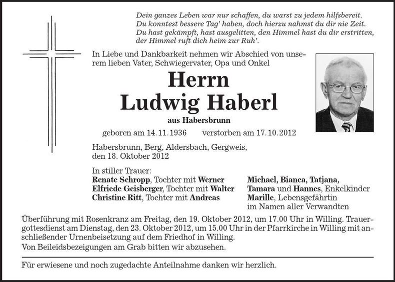 Traueranzeige Ludwig Haberl