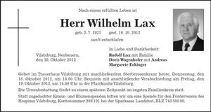 Traueranzeige Wilhelm Lax