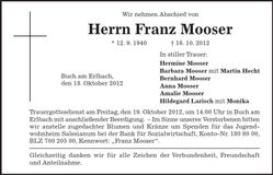 Traueranzeige Franz Mooser