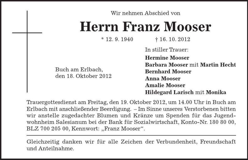 Traueranzeige Franz Mooser