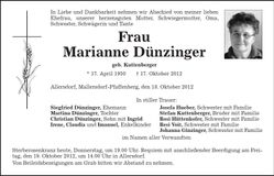 Traueranzeige Marianne Dünzinger