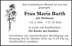 Traueranzeige Maria Barth