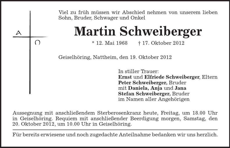 Traueranzeige Martin Schweiberger