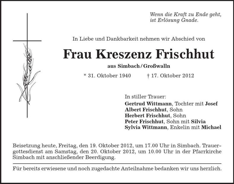 Traueranzeige Kreszenz Frischhut