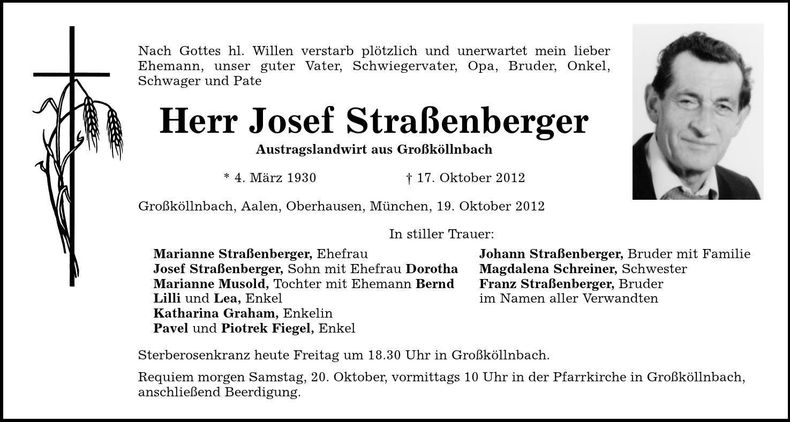 Traueranzeige Josef Straßenberger
