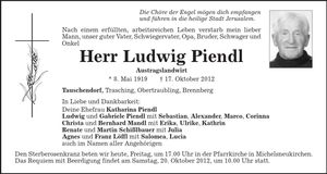 Traueranzeige Ludwig Piendl