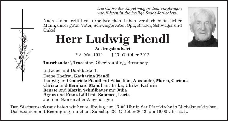 Traueranzeige Ludwig Piendl