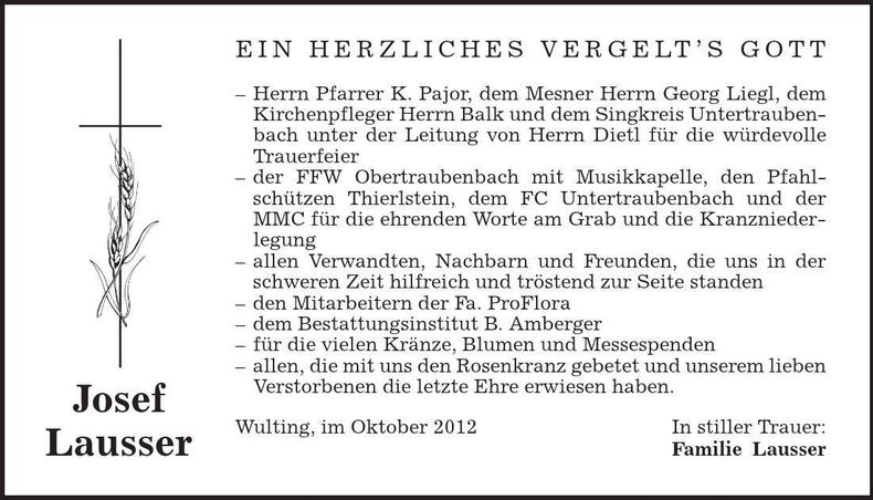 Traueranzeige Josef Lausser