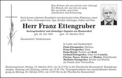 Traueranzeige Franz Ettengruber