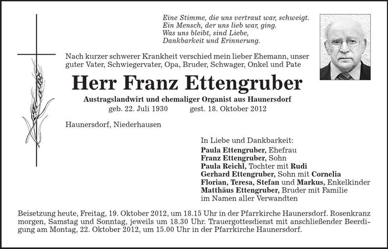 Traueranzeige Franz Ettengruber
