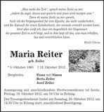 Traueranzeige Maria Reiter
