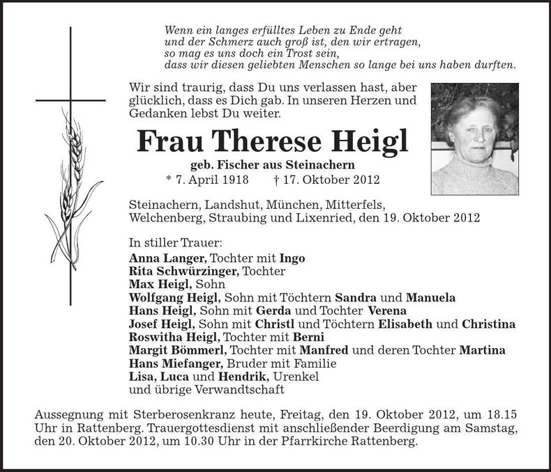 Traueranzeige Therese Heigl