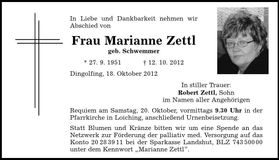 Traueranzeige Marianne Zettl