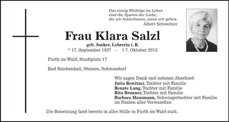 Traueranzeige Klara Salzl