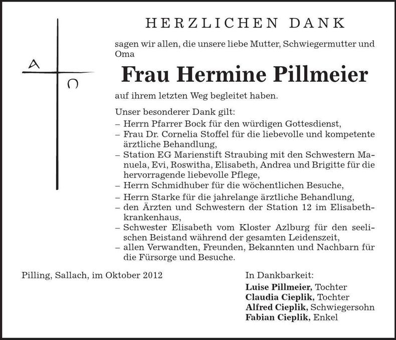 Traueranzeige Hermine Pillmeier