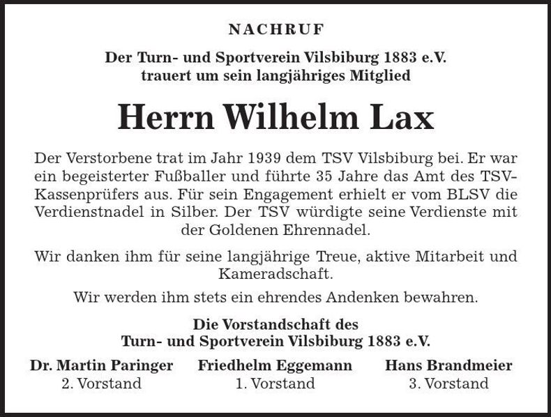 Traueranzeige Wilhelm Lax