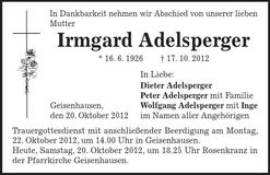 Traueranzeige Irmgard Adelsperger