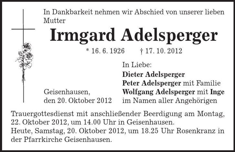 Traueranzeige Irmgard Adelsperger