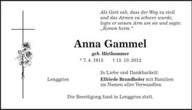 Traueranzeige anna Gammel