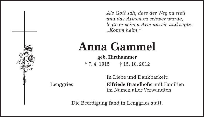 Traueranzeige anna Gammel