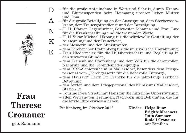 Traueranzeige Therese Cronauer