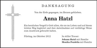 Traueranzeige Anna Hatzl