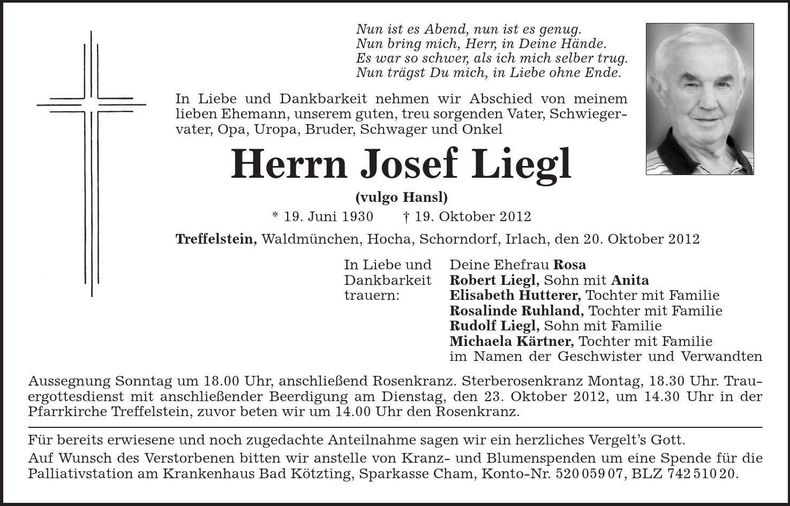 Traueranzeige Josef Liegl