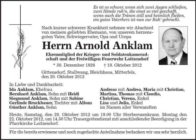 Traueranzeige Arnold Anklam