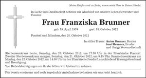 Traueranzeige Franziska Brunner