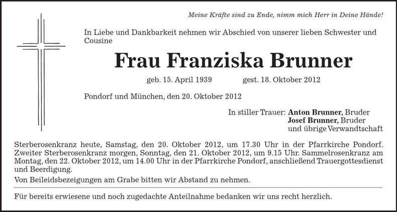 Traueranzeige Franziska Brunner